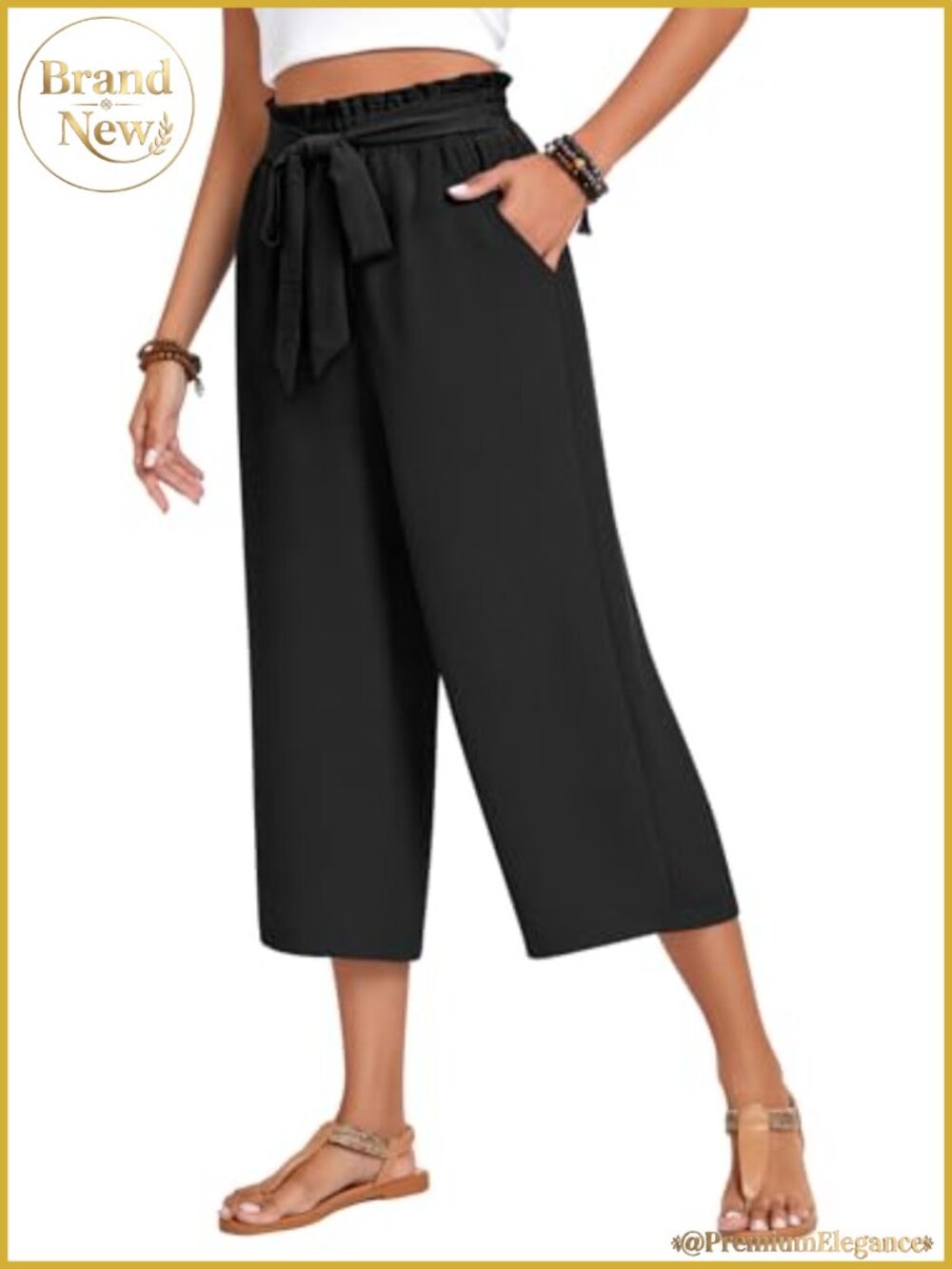Plus Size Wide Leg Capri Pants High Waist Elastic Waistband Side Pockets